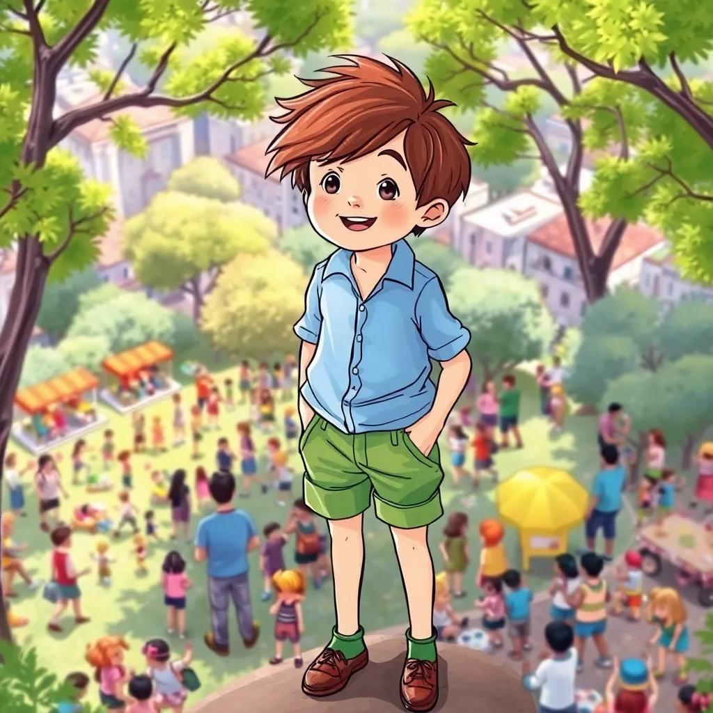 A young boy, Tomás, with tousled brown hair wearing a simple blue shirt and green shorts, standing invisibly above crowded parks, bubbling with excited children playing and families picnicking, bright and lively scene, illustration, colorful, joyful and engaging view, high quality