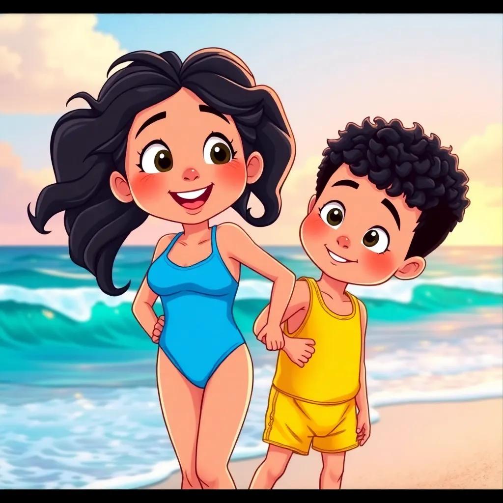 A girl named Vitória, a 9-year-old Brazilian girl with wavy black hair, wearing a bright blue swimsuit, excitedly looking at the ocean's surface with her younger brother Dante, a 5-year-old boy with short curly black hair, in a playful yellow swimsuit, both standing at the beach with sunlit waves behind them, cheerful atmosphere, joyful mood, colorful beach scenery, detailed illustration, vibrant colors, high quality