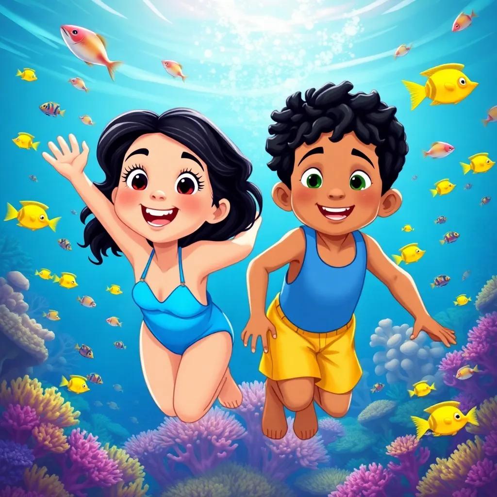 Vitória 9 anos, a young Brazilian girl with wavy black hair wearing a bright blue swimsuit, and Dante 5 anos, a young Brazilian boy with short curly black hair in a playful yellow swimsuit, diving underwater surrounded by a vibrant coral reef and colorful fish, amazed and smiling as they explore the magical underwater world, illustration, cheerful, adventurous, child-friendly