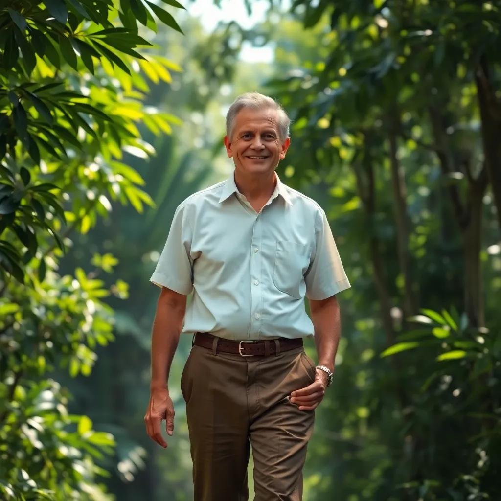 A missionary named Paulo, a middle-aged man with light brown hair, wearing a white shirt and brown trousers, walking through a lush green forest, sunlight filtering through the leaves, vibrant colors, cheerful atmosphere, digital art, high quality