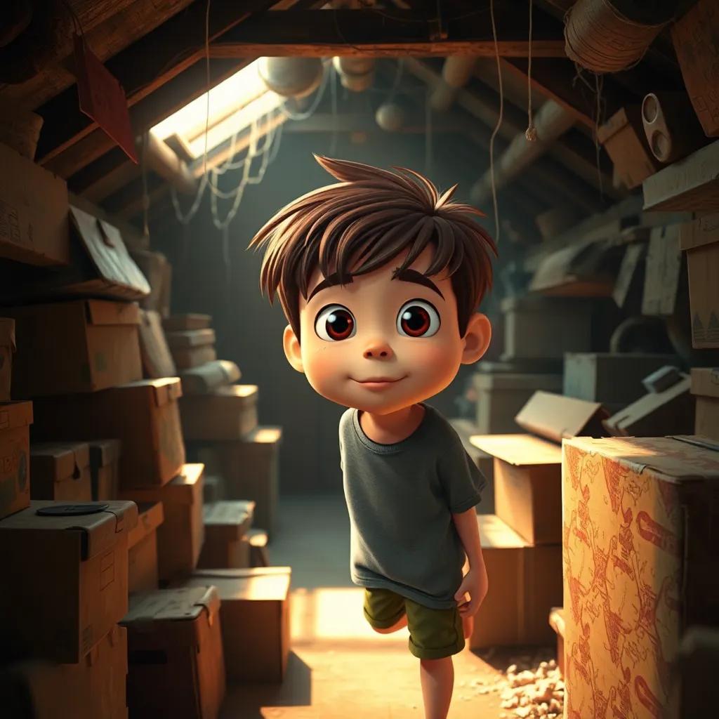 A curious Brazilian boy, Lucas, with brown hair, wearing a t-shirt and shorts, exploring a dusty attic filled with old boxes and cobwebs, soft warm light, inviting atmosphere, detailed, high quality