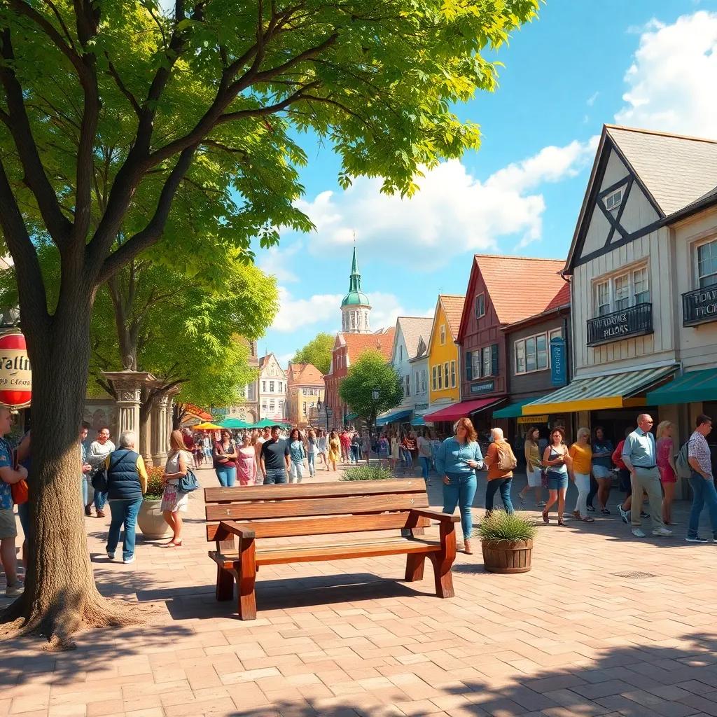 The town square bustling with people, featuring an old wooden bench and surrounding trees, a joyful atmosphere, sunny day, vibrant colors, high quality