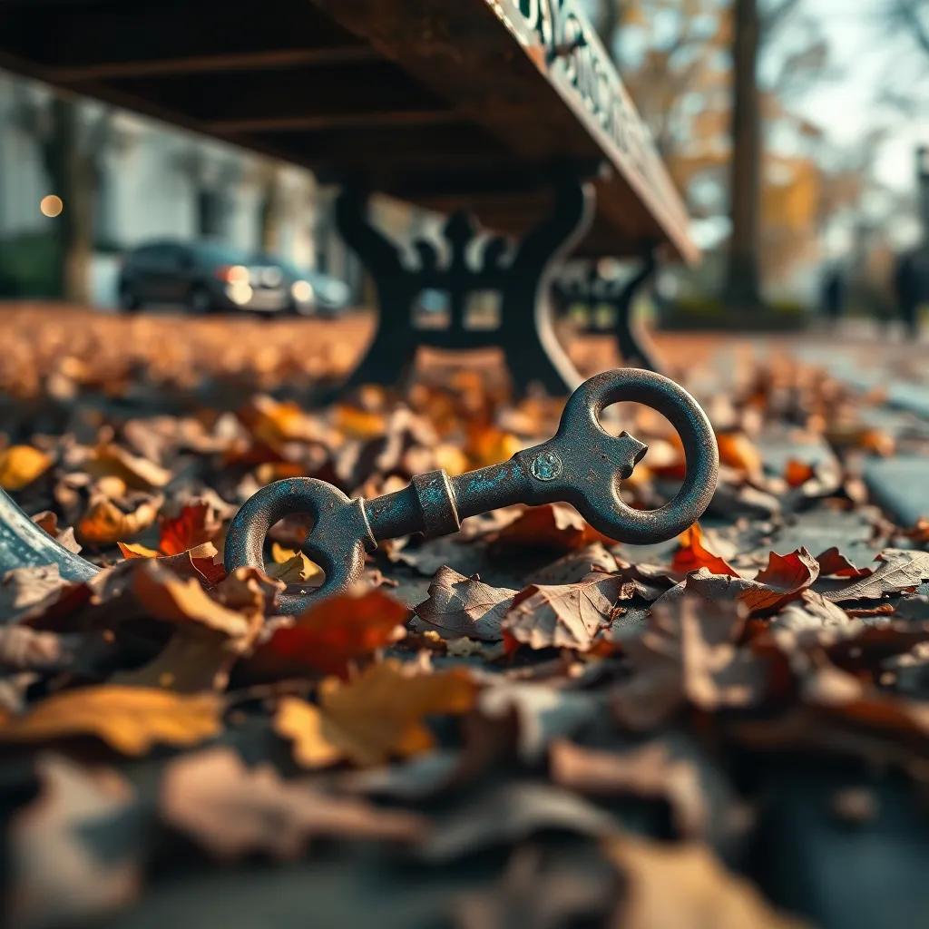 A shiny rusted key found under the old bench in the square, close-up shot, surrounded by fallen leaves, warm light, nostalgic feel, detailed, high quality