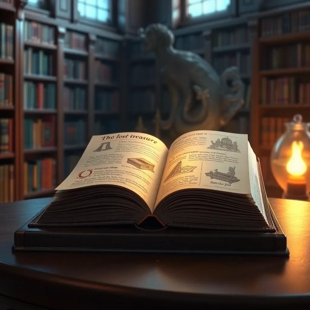 A magical book on a table in the library, open to a page about lost treasure, with illustrations of the treasure, glowing light emanating from it, captivating, vibrant, detailed, high quality