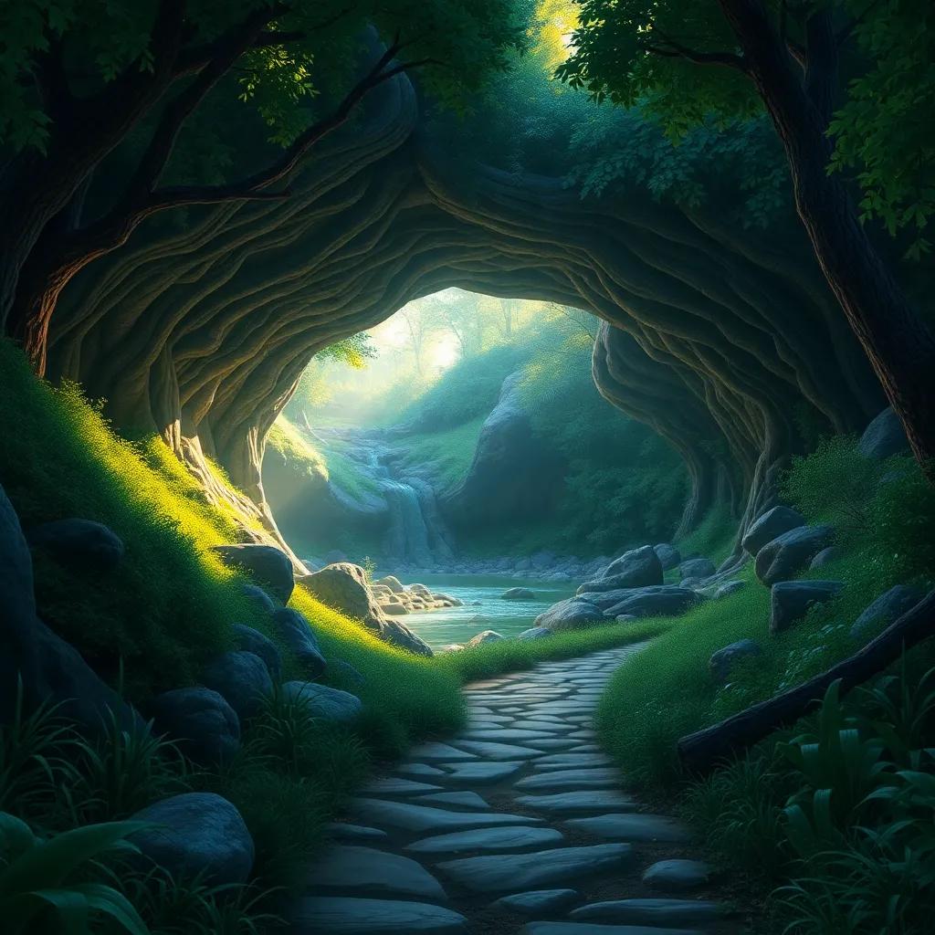 A lush natural path leading to a hidden cave by a river, with trees and sunshine peeking through, a sense of adventure in the atmosphere, detailed, high quality