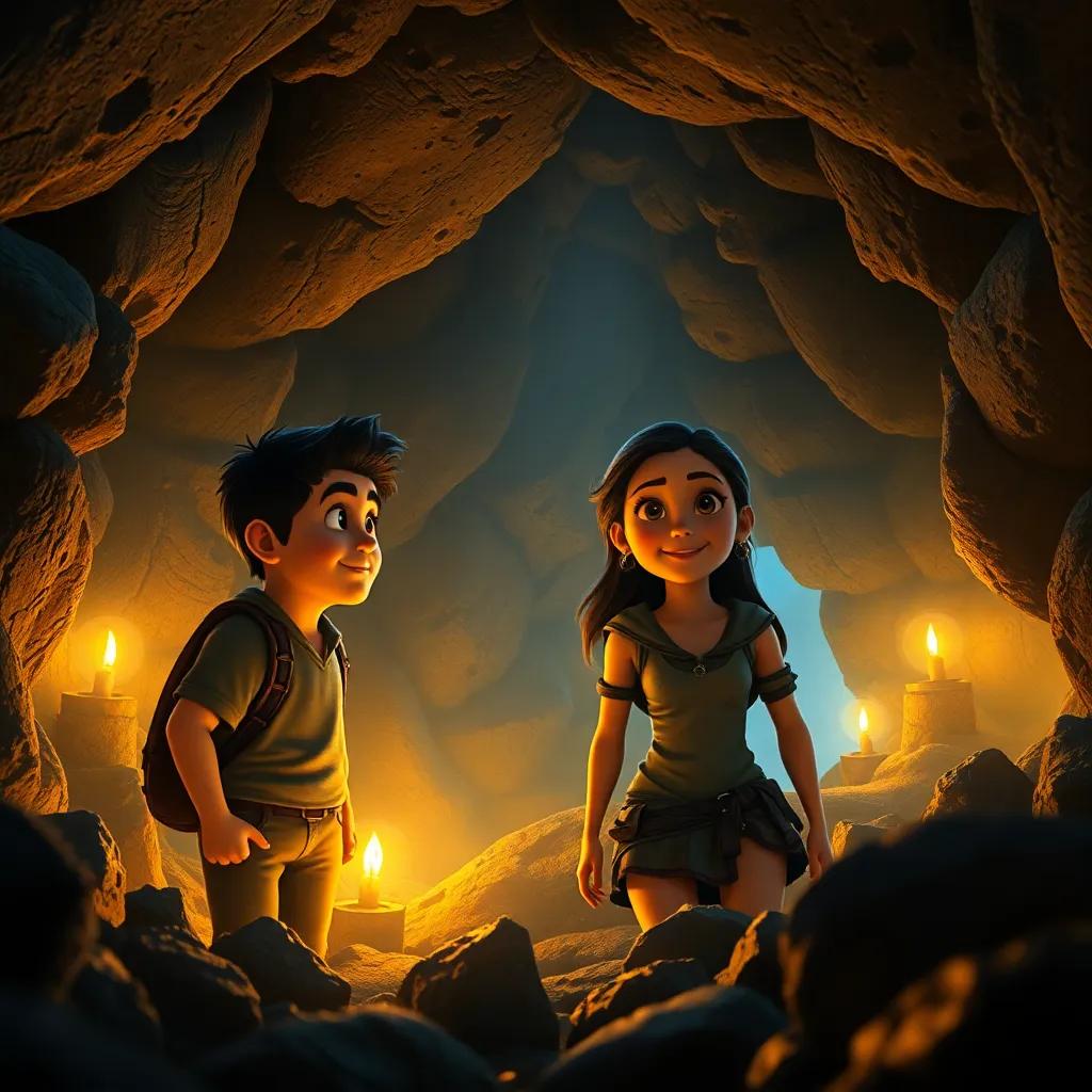 Inside the cave where Lucas and Isabela discover hidden treasures and artifacts from the city, glowing and full of history, warm light with shadows, captivating scene, detailed, high quality