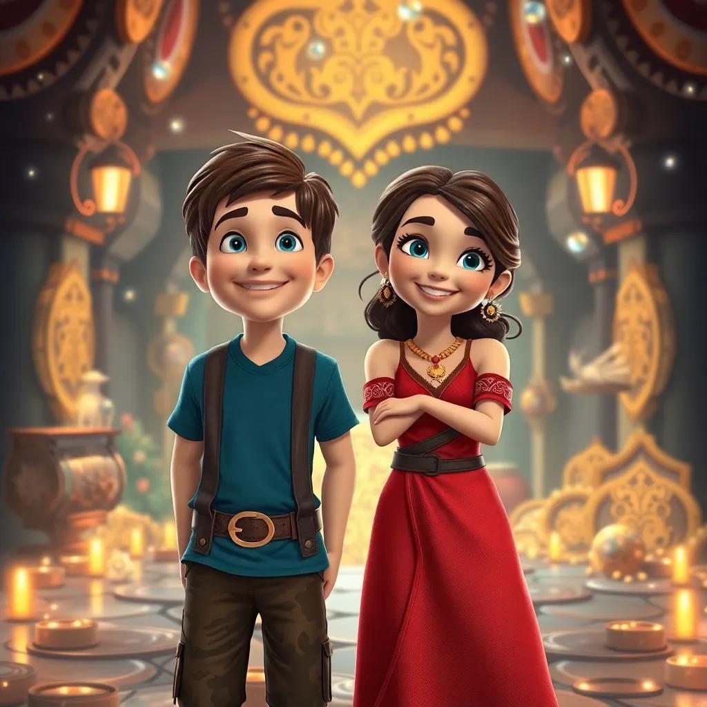 An enchanted atmosphere of Lucas and Isabela standing proudly in front of the treasure trove, smiles on their faces, filled with excitement and wonder, warm light, joyful scene, detailed, high quality