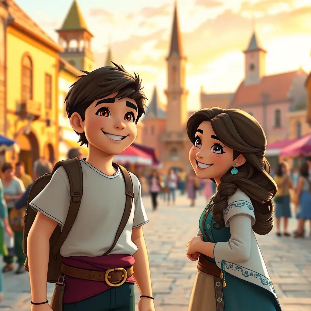 Lucas and Isabela back at the town square, sharing their adventure with friends and family, joyful expressions, soft golden sunset, warm and inviting, detailed, high quality