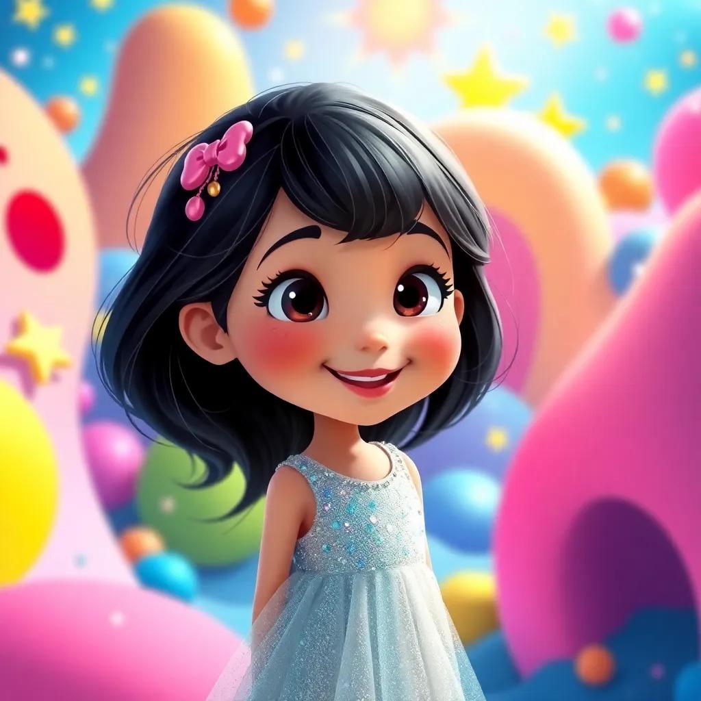 A bright world with colorful shapes and bright colors, a little girl named Aurora with black hair, wearing a sparkling dress, looking curious and happy, playful vibe, digital painting, vibrant, child-friendly