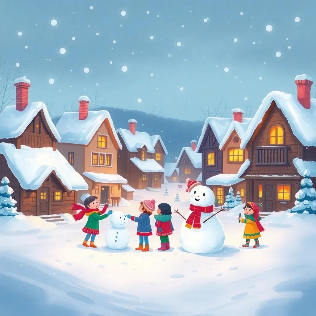 A snowy village, with children building a snowman, cozy houses with lights, and snowflakes falling from the sky, festive atmosphere, winter wonderland, digital art, cheerful and inviting, warm lighting