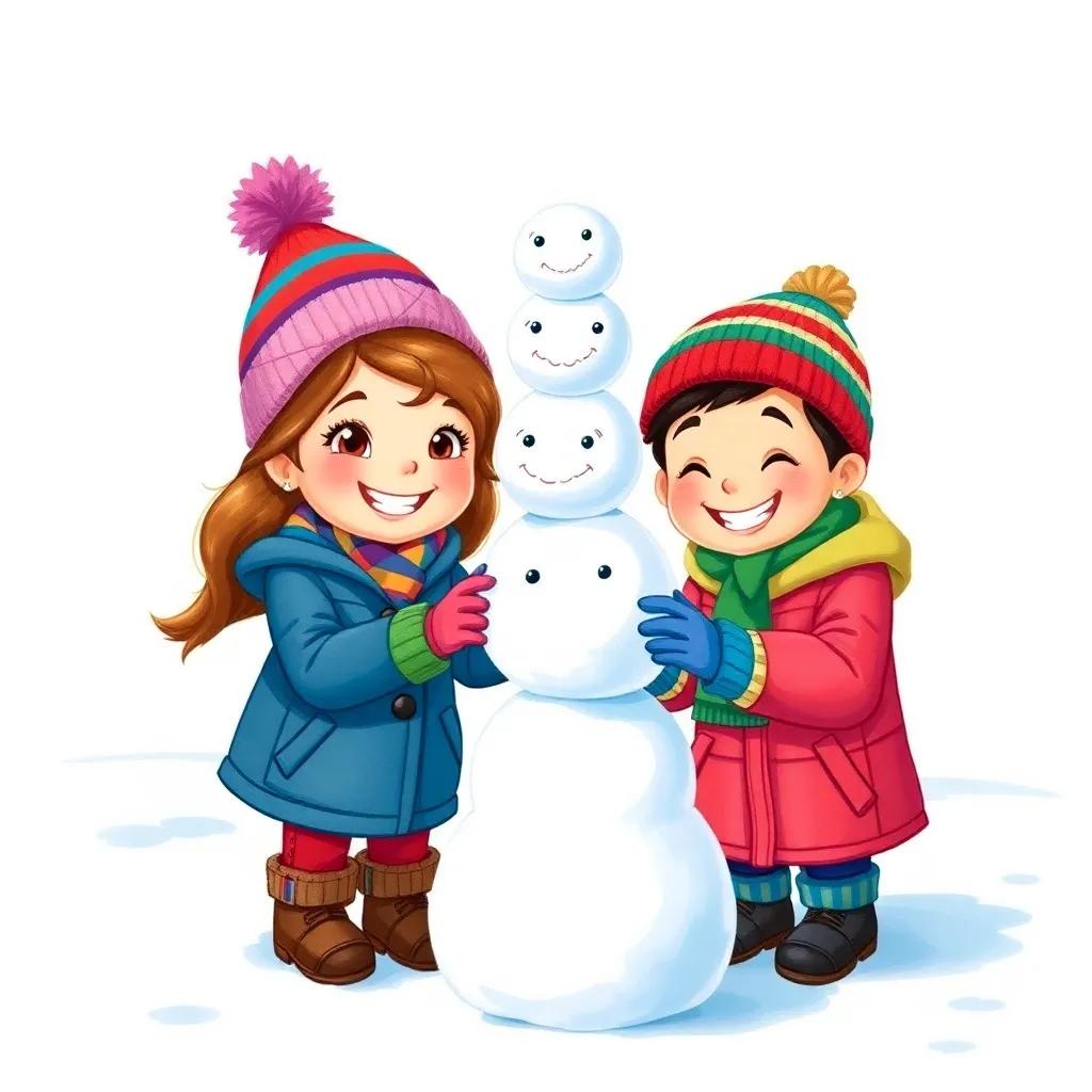 Sofia and Miguel, two kids with bright smiles, stacking snowballs to build a snowman, wearing colorful winter coats and hats, snow-covered ground, joyful expressions, detailed illustration, bright colors, delightful scene