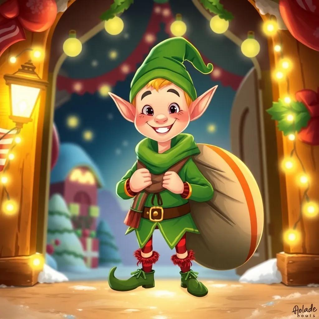 A cheerful elf named Tobias with pointy ears, wearing a green outfit with red accents, carrying a big sack of gifts, smiling and surrounded by twinkling lights, at the entrance of Santa's workshop, magical atmosphere, festive and bright, digital artwork