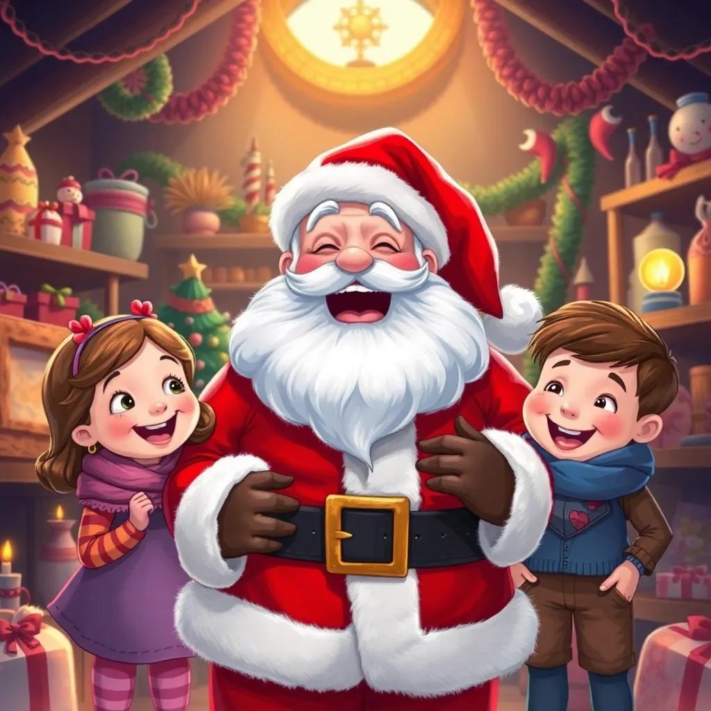 Santa Claus with a big laugh, wearing his classic red suit, surrounded by children Sofia and Miguel, in a workshop filled with toys and decorations, warm light and happy energy, heartwarming scene, rich colors and detail