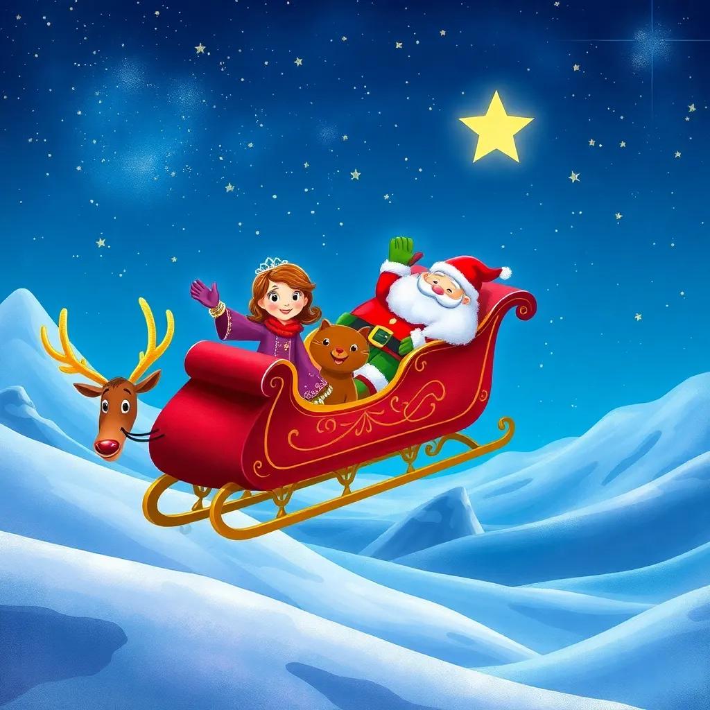 A sleigh pulled by reindeer flying through the starry night sky, with Santa waving and Sofia and Miguel happily sitting in the sleigh, magical backdrop of snowy landscapes and glowing lights, joyful atmosphere, whimsical, high quality