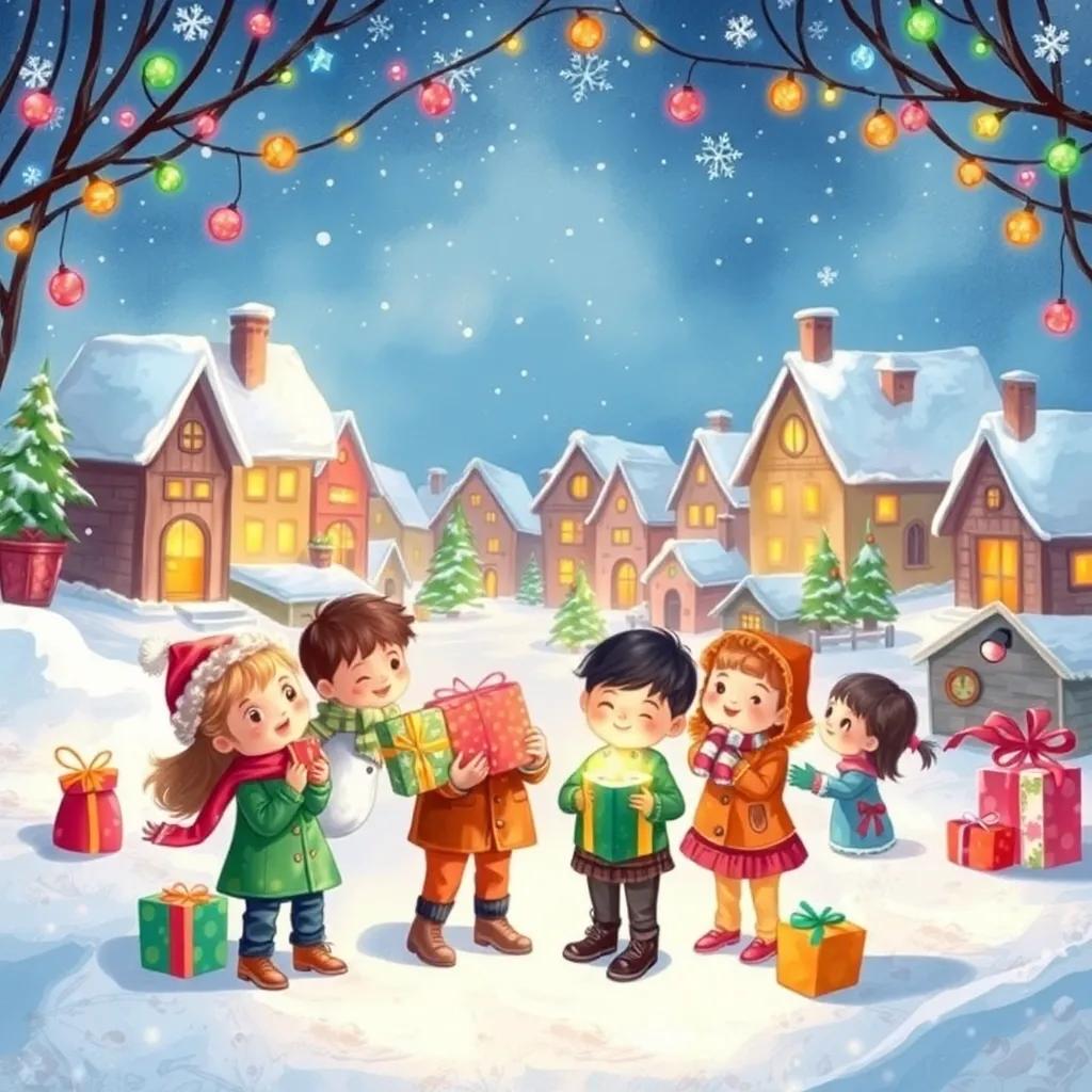 Children receiving gifts in a snowy village, filled with happiness and excitement, a cozy warmth in the air, colorful decorations and lights everywhere, depicting joy and kindness, bright and cheerful illustration, capturing the spirit of Christmas