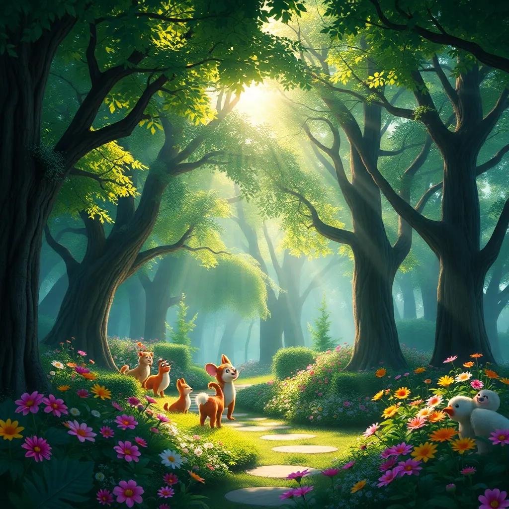 A magical forest filled with lush green trees, colorful flowers, and singing animals, sunlight streaming through the leaves, digital art, vibrant colors, cheerful atmosphere, high quality