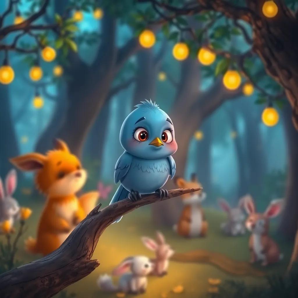 A small blue bird, looking curious and a bit sad, sitting on a branch in the magical forest, surrounded by singing animals like rabbits and foxes, illustration, warm colors, inviting scene, child-friendly