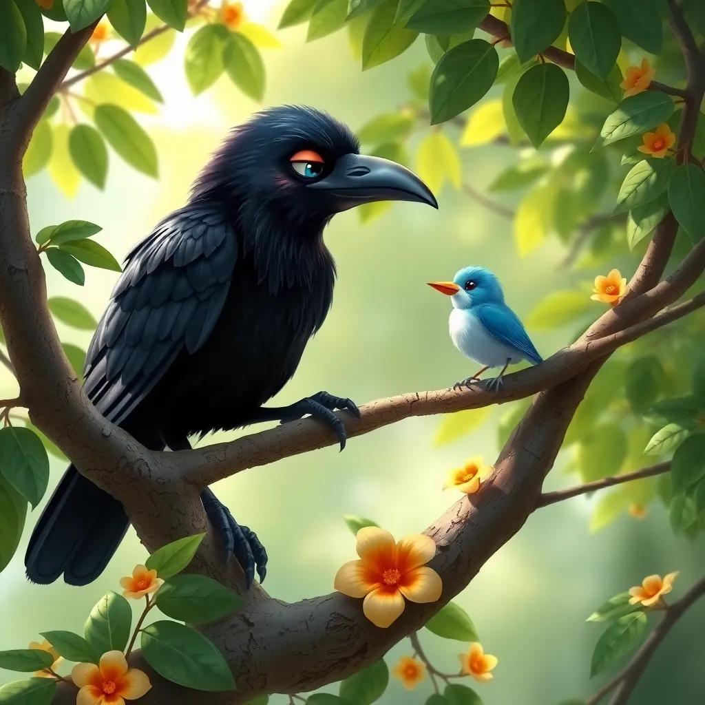 A wise black crow perched on a tree branch, speaking to the small blue bird, with a gentle expression, surrounded by lush leaves and bright flowers, friendly atmosphere, detailed digital art, uplifting