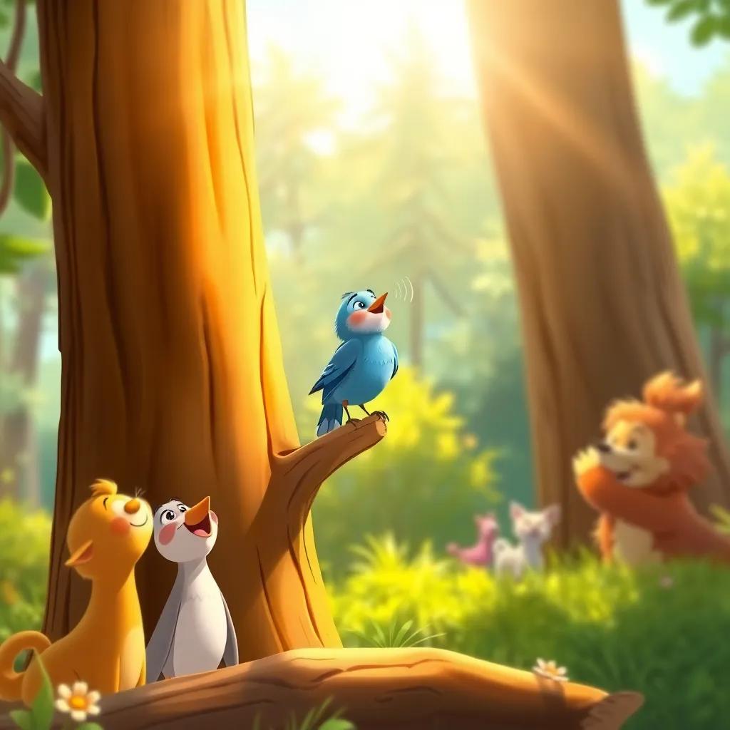 The small blue bird confidently singing on a tall tree, with sunlight shining and other animals listening with delight, colorful and lively scene, illustration, heartwarming