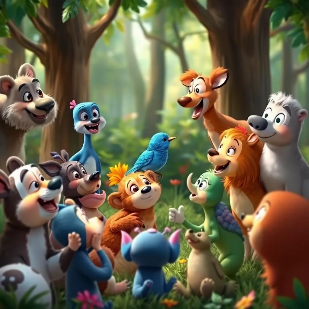 All the animals of the forest gathered around the small blue bird, enjoying its beautiful song, lots of colors and joyful expressions, digital painting, lively and cheerful