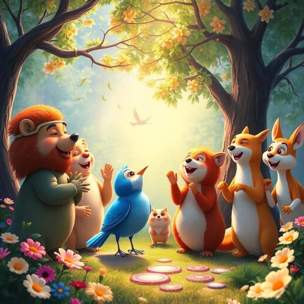 A magical scene where the small blue bird and other animals are singing together as one, the trees and flowers dancing with the music, illustrating unity and joy, vibrant colors, fantastic atmosphere, detailed