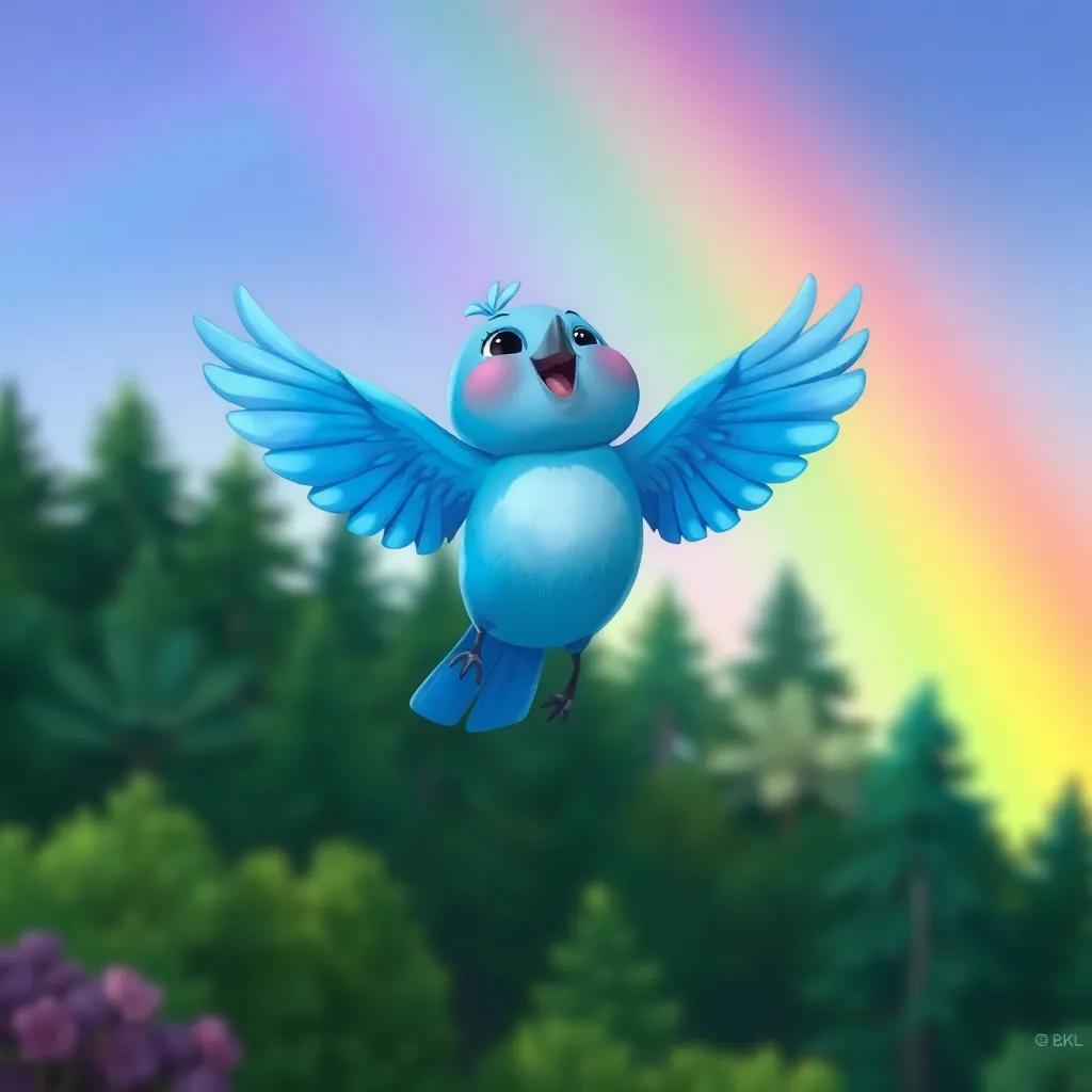 The small blue bird, proud and happy, flying above the forest, with rainbow colors in the background, celebrating the joy of singing and friendship, digital artwork, colorful, inspiring