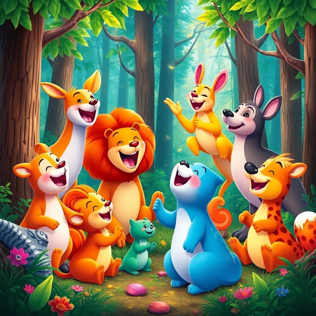 All the animals in the forest joyfully singing together, creating a beautiful symphony in the magical forest, bright and vibrant colors, cheerful and dynamic, high quality