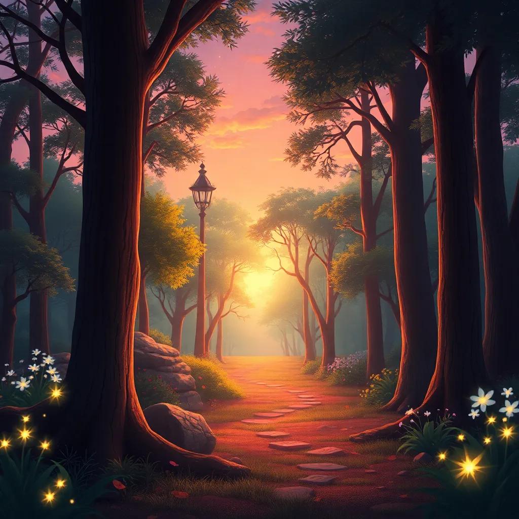 A quiet magical forest at sunset, filled with the sounds of joyful songs echoing, lighting a beautiful atmosphere, enhanced with sparkling effects, illustration, serene and uplifting