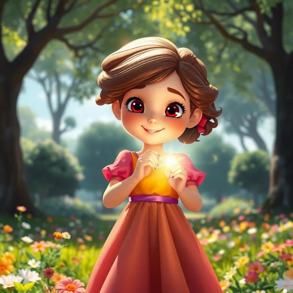 Uma menina chamada Mariana, com cabelos cacheados e pele clara, usando um vestido colorido, segurando um pincel mágico que brilha sob a luz do sol, em um parque cheio de flores e árvores, digital art, vibrante, alegre, criança feliz, qualidade alta