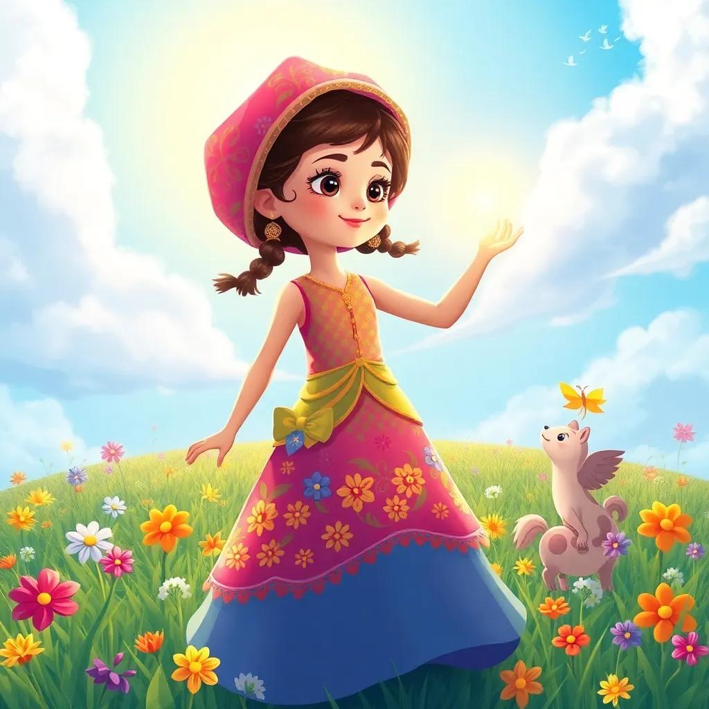 Mariana, a menina com cabelos cacheados e vestido colorido, pintando um sol radiante no céu azul, flores dançando no campo, animais brincando ao seu redor, ilustração, cores brilhantes, atmosfera mágica, estilo alegre