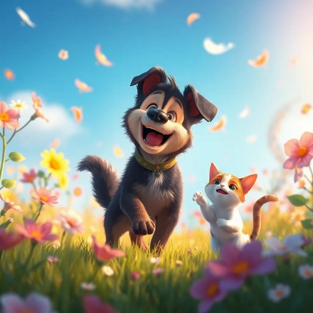 Um cachorro divertido e um gato alegre brincando com Mariana, em um campo repleto de flores coloridas e árvores balançando ao vento, luz suave, ilustração, atmosfera de diversão, detalhes nítidos