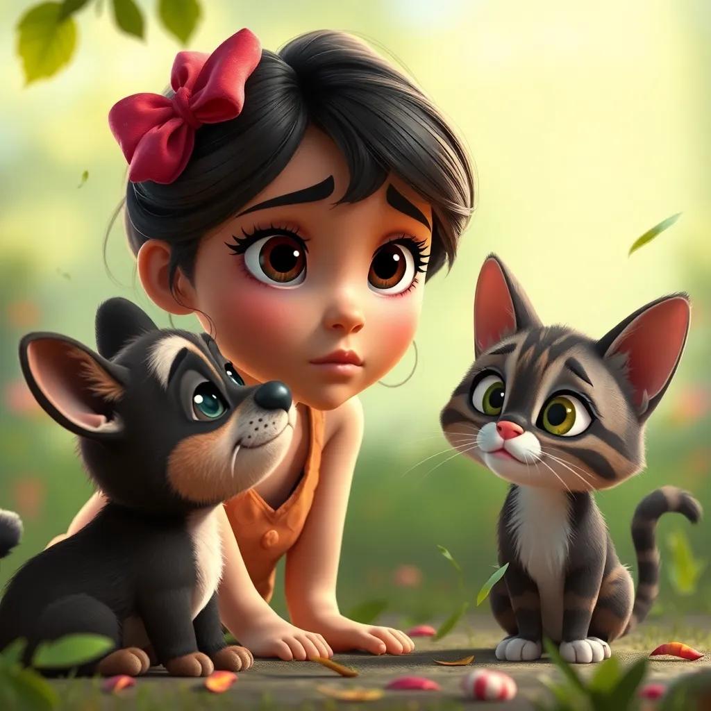 Mariana, com expressão preocupada, observando seu cachorro bagunceiro e o gato causando confusão, cercada por folhas e brinquedos espalhados, digital art, cores quentes, expressão sincera, qualidade alta