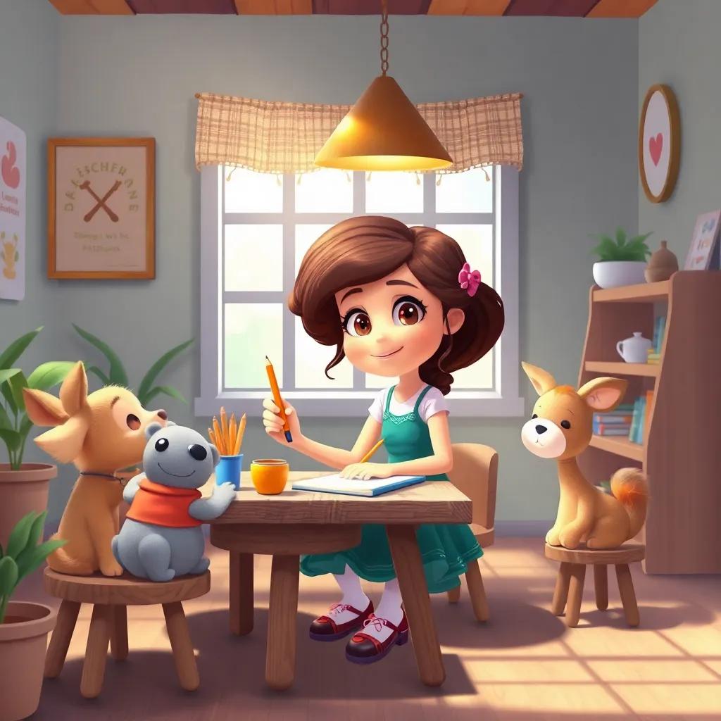 Mariana, com pensamento determinado, desenhando uma escola para animais, com lápis e pincel mágico, em um ambiente criativo cheio de arte, digital art, ambiente de aprendizado, alegre, estilo infantil