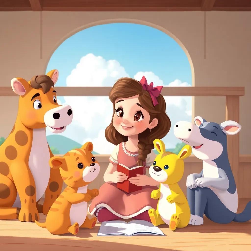 Mariana e seus animais felizes aprendendo a se comportar na escola com desenhos coloridos ao fundo, a nuvem contando histórias de forma tranquila, ilustração, cores suaves, ambiente amigável
