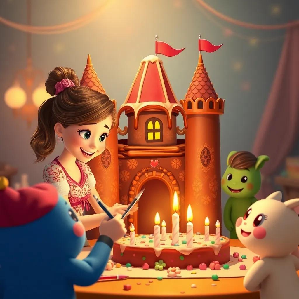 Mariana pintando um castelo de chocolate, cercada por amigos animados, todos admirando a criação com expressões felizes, digital art, estilo divertido, cores vibrantes, atmosfera de alegria
