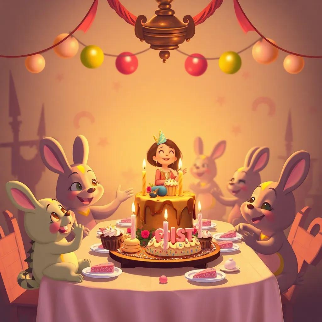 Mariana transformando o castelo de chocolate em uma festa de doces, com uma mesa cheia de guloseimas coloridas e amigos se divertindo, ilustração, alegre, ambiente festivo, estilo de festa