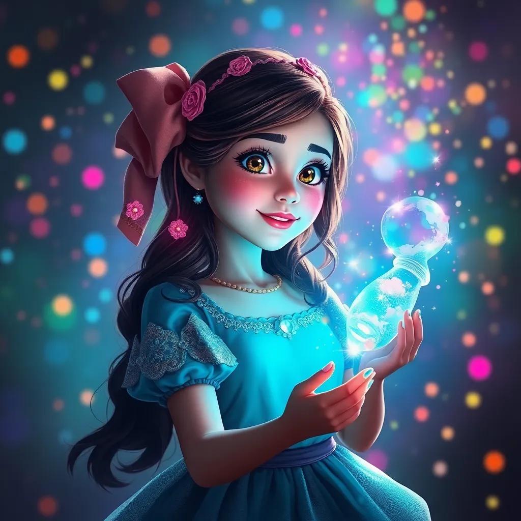 Mariana, a menina criativa com pincel mágico, rodeada por cores vibrantes, refletindo em um espelho mágico onde cada cor é uma história, digital art, muitas cores, atmosfera de imaginação