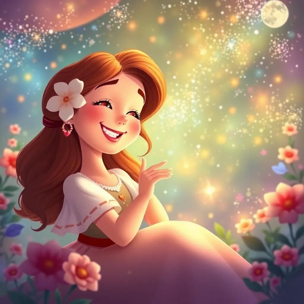 Mariana sorrindo e segurando seu pincel mágico com amor, ao fundo um mundo colorido e mágico onde cada criação traz alegria e aprendizado, ilustração, estilo encantador, atmosfera de felicidade