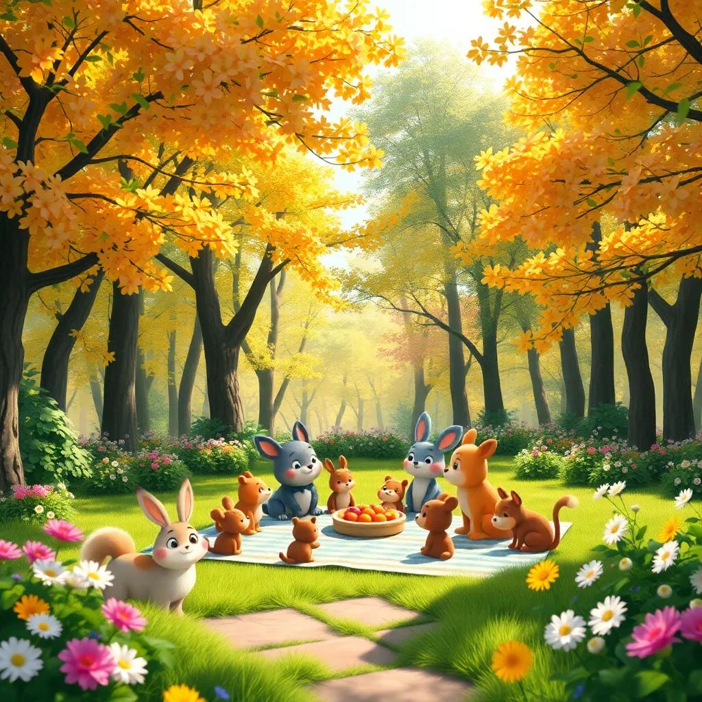 A beautiful forest setting for a picnic, with trees and flowers blooming in vibrant colors, sunshine filtering through the leaves, friendly animals gathering around a picnic blanket, digital art, bright and cheerful atmosphere, high quality