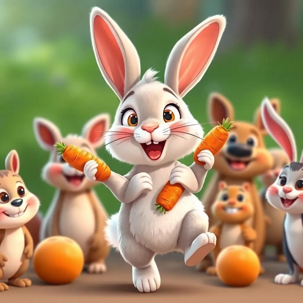 A cheerful rabbit, with soft fur and bright eyes, hopping excitedly while holding crunchy carrots, surrounded by other animals who are smiling and looking curious, illustration, colorful and inviting, joyful expression, child-friendly