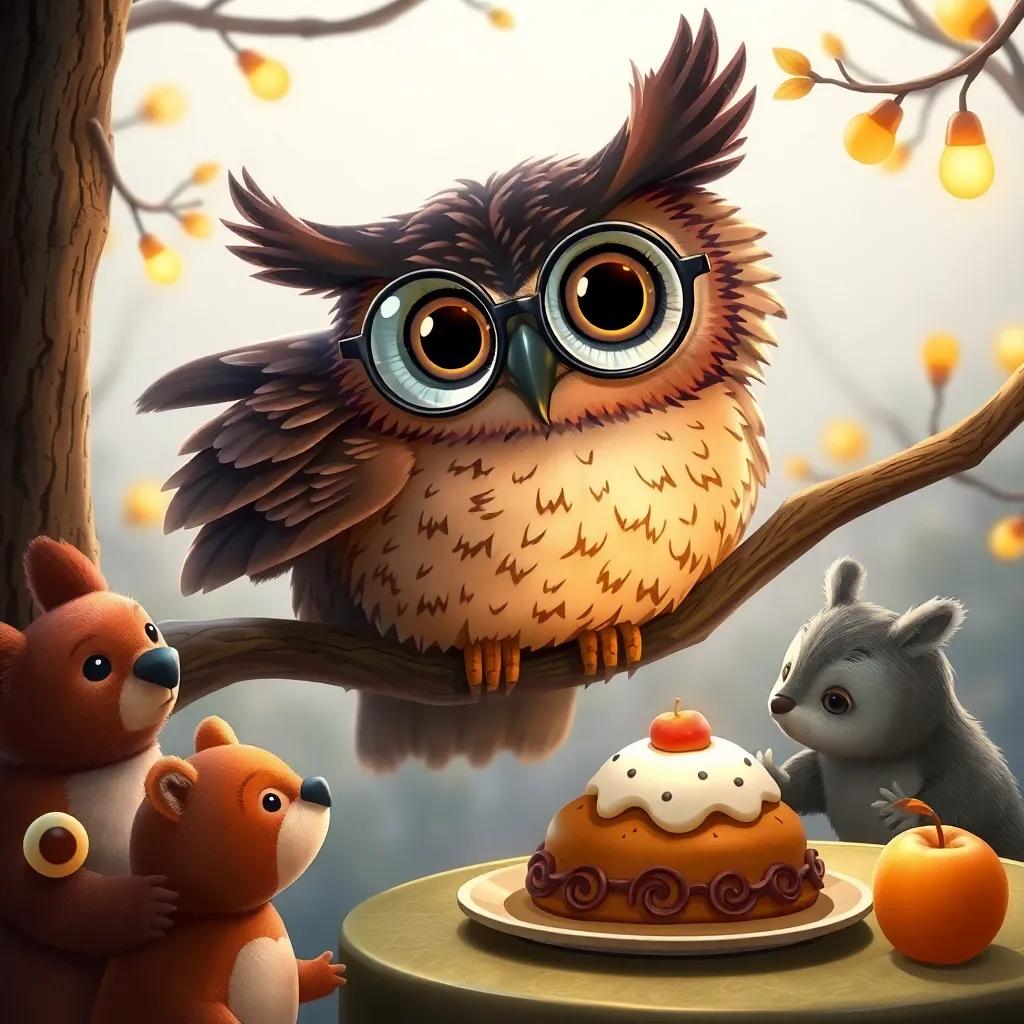 An wise owl with big round glasses, perched on a branch while telling enchanting stories to the curious animals below, featuring delicious apple cakes on a nearby table, detailed art, warm color scheme, engaging storytelling atmosphere
