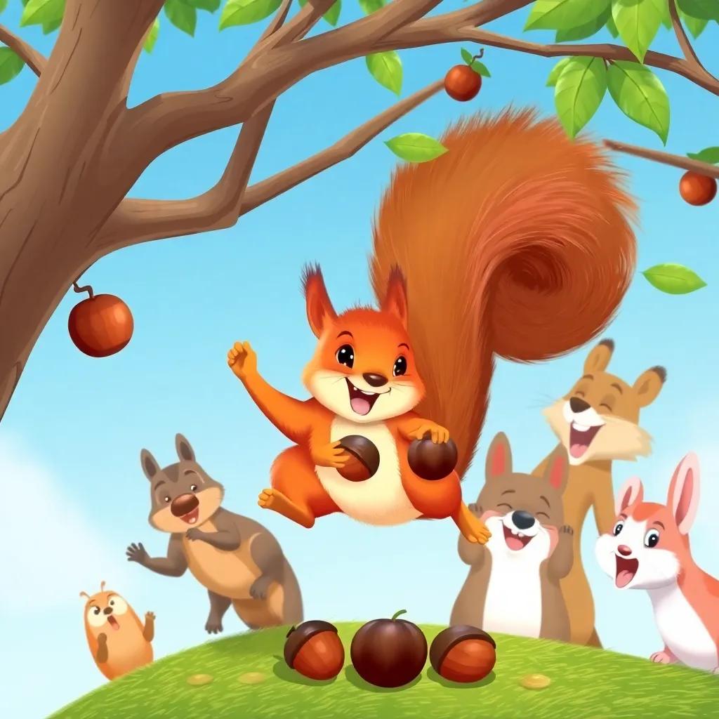 A lively squirrel with fluffy tail, showcasing nuts and chestnuts, jumping between tree branches, playful expressions on other animals' faces as they peek at his treasures, illustration, fun and cheerful vibe, child-friendly