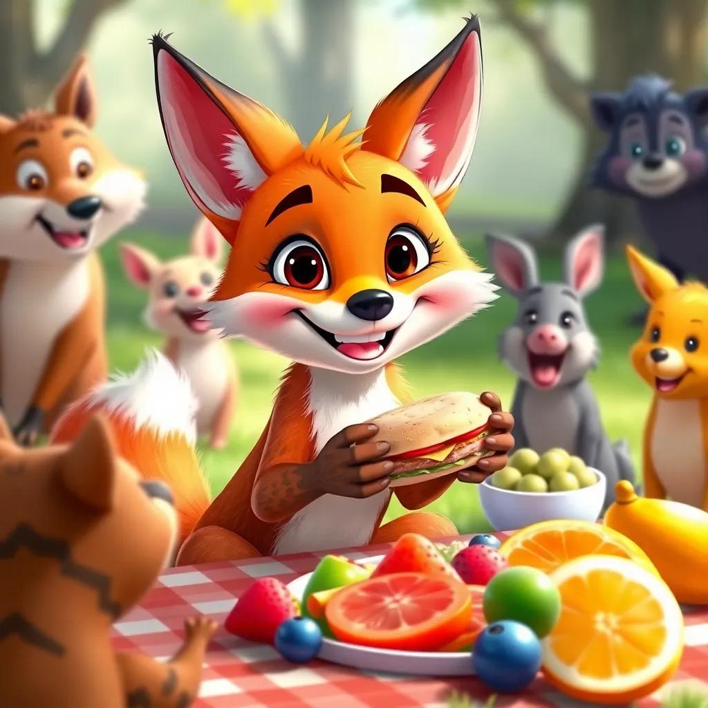 A playful fox with a mischievous grin, sharing fruit sandwiches at the picnic, animals gathering around her with excitement, colorful fruit spread on a picnic blanket, bright colors, engaging atmosphere, joyful scene