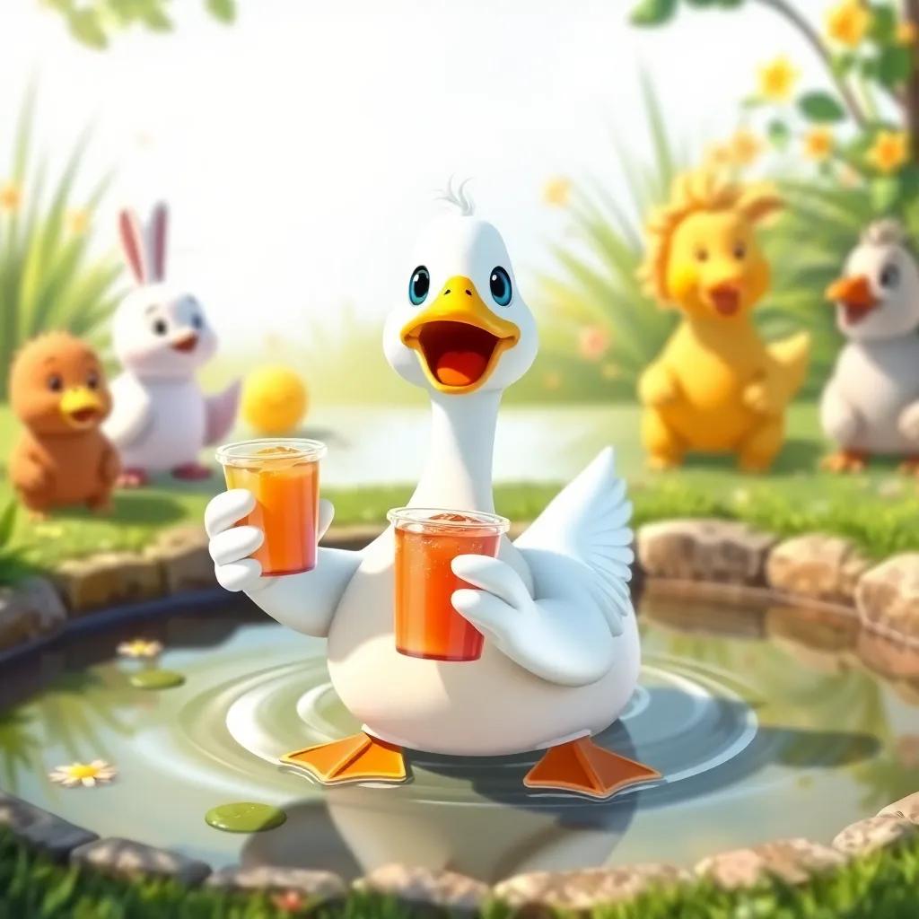 A refreshing duck with a bright yellow beak, swimming on a small pond while holding juice cups, making all the animals laugh and enjoy, digital painting, light and vibrant colors, cheerful summer day