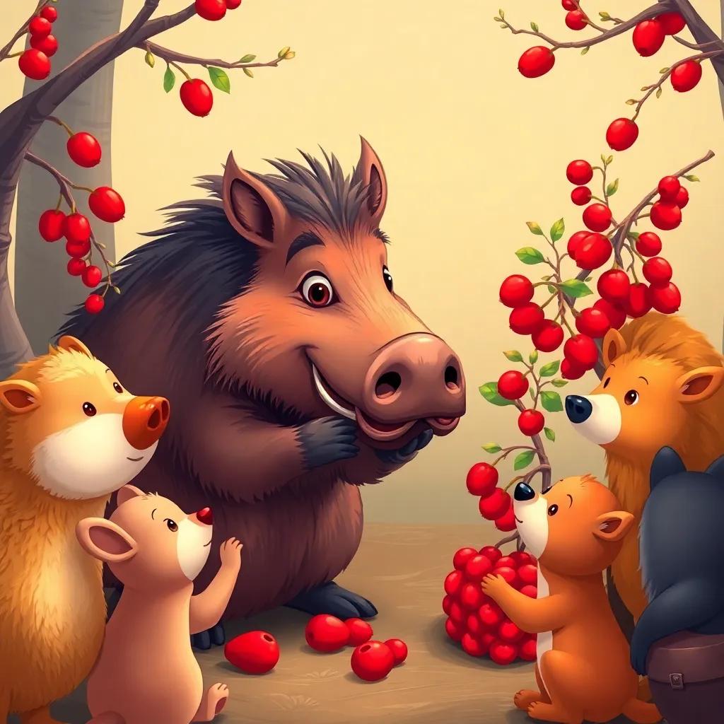 A gentle wild boar arranging red berries into a beautiful display, animals admiring his work and showing appreciation, warm colors, friendly and colorful illustration, cozy setting