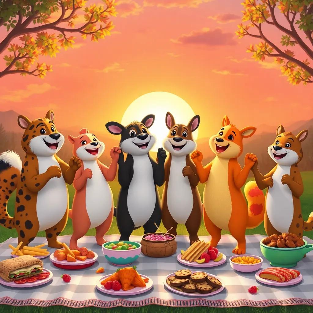A group of happy animals dancing together, holding paws and celebrating friendship, surrounded by an array of delicious picnic food, sunset shining on them, vibrant colors, joyful vibe, lively atmosphere