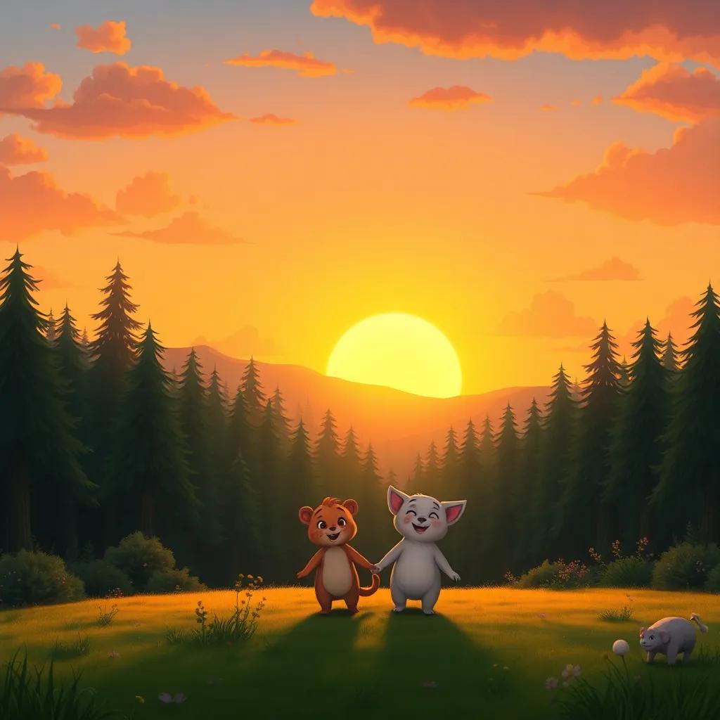A picturesque sunset over the forest, with animals walking home happily, holding hands and smiling, a warm glow in the sky, conveying love and friendship, digital art, serene and heartwarming, inviting scene