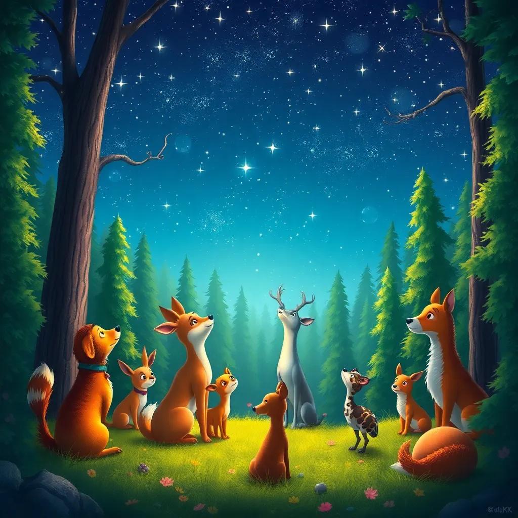 The forest under the starry sky, animals gathered together, sharing their secrets of friendship as they look up at the sparkling stars, peaceful atmosphere, bright colors, magical setting