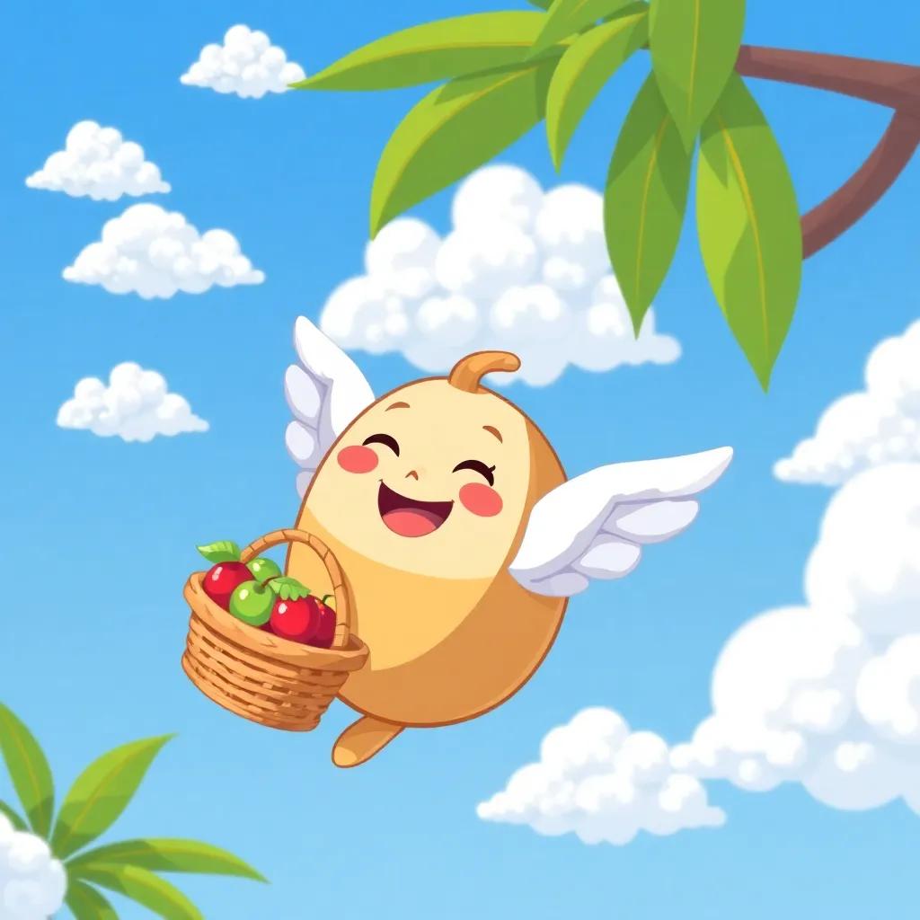 A flying coconut character named Coco, wearing a cheerful smile, soaring high in a blue sky filled with fluffy white clouds, carrying a basket of fruits, bright and colorful, cartoon style, joyful atmosphere, high quality