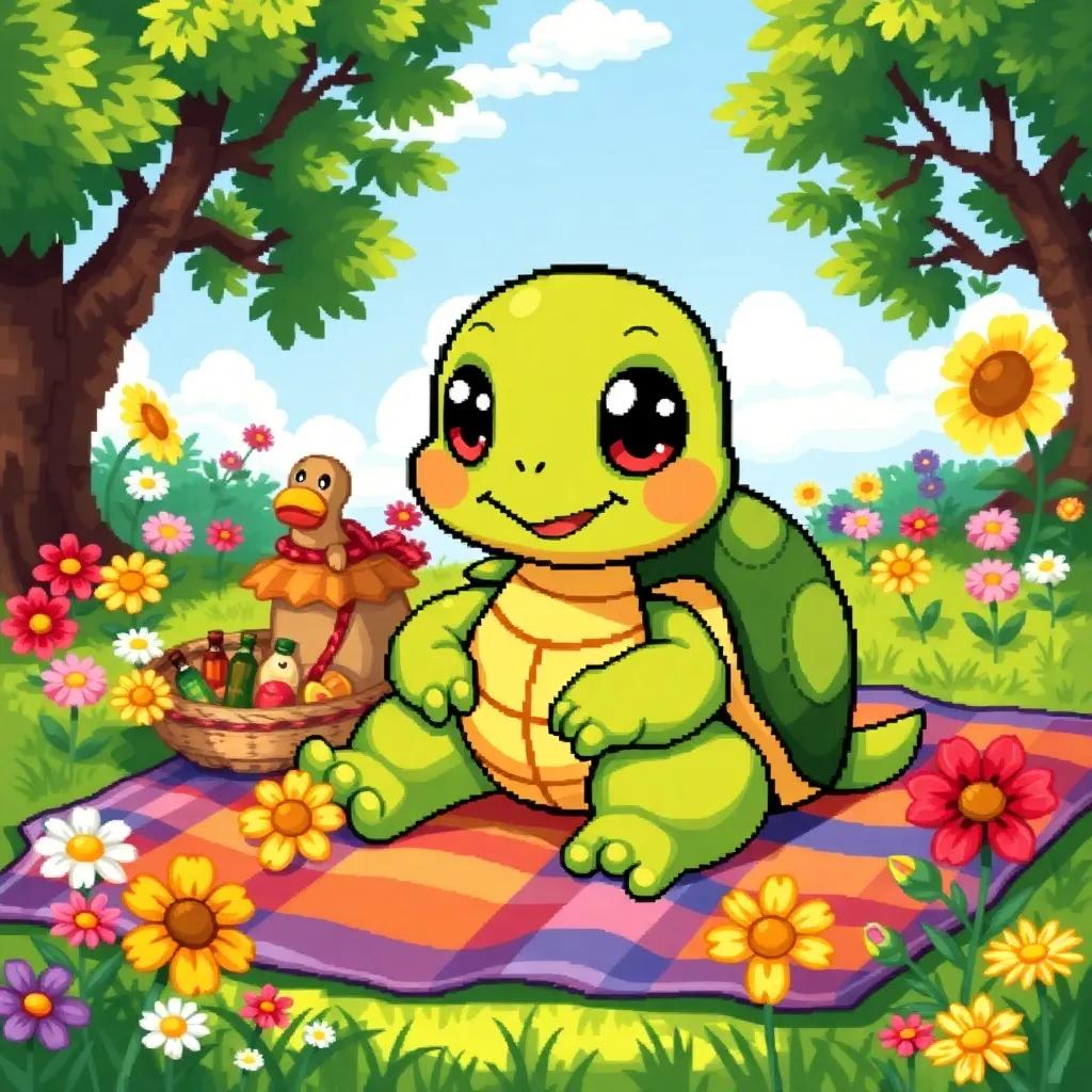 A cheerful turtle named Tina, with a green shell and big eyes, sitting on a colorful picnic blanket surrounded by flowers, having a picnic with friends, vibrant colors, sunny day, joyful mood, detailed illustration